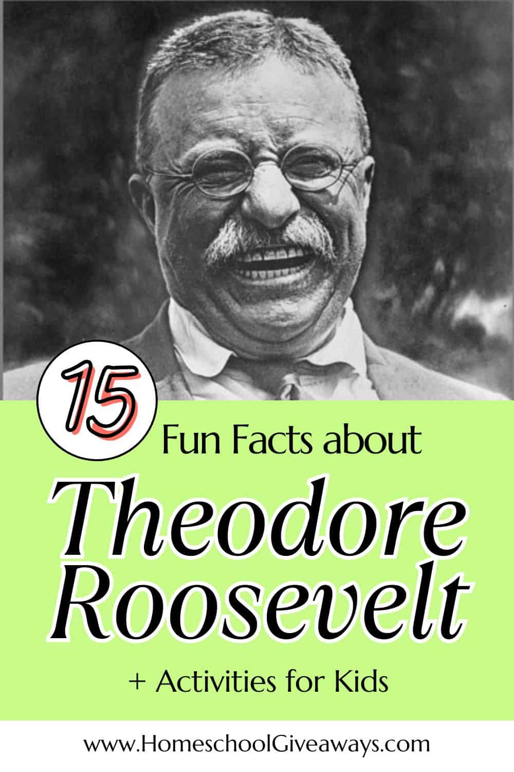 Photo of a laughing President Teddy Roosevelt with text overlay saying "15 Fun Facts about Theodore Roosevelt"