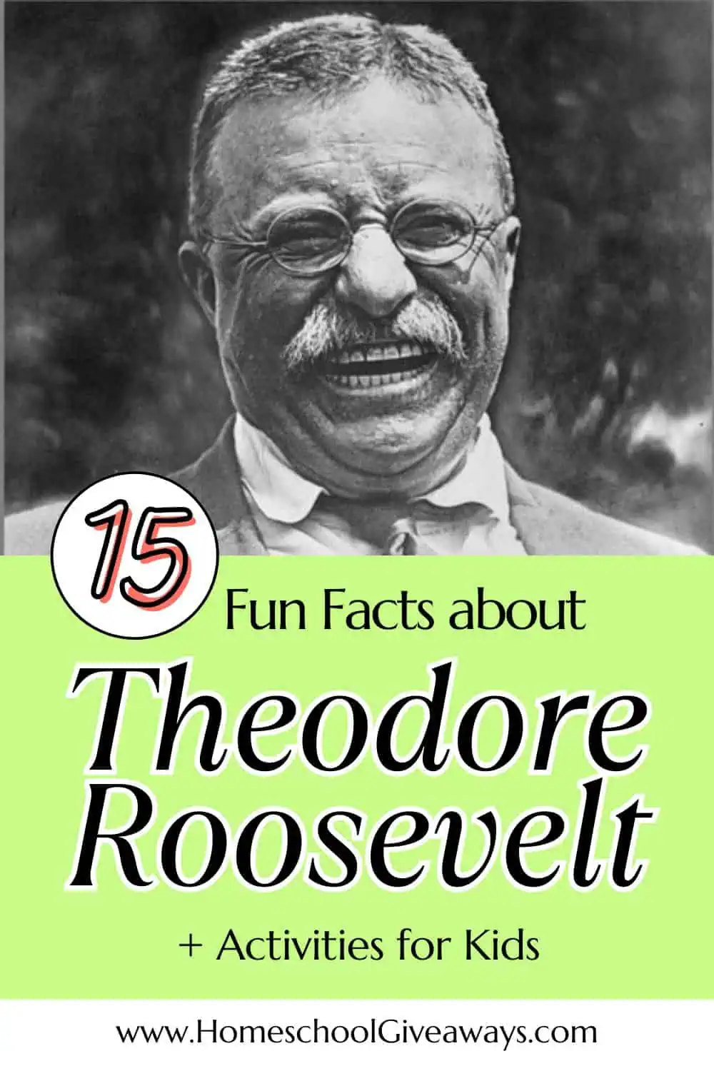 Photo of a laughing President Teddy Roosevelt with text overlay saying "15 Fun Facts about Theodore Roosevelt"