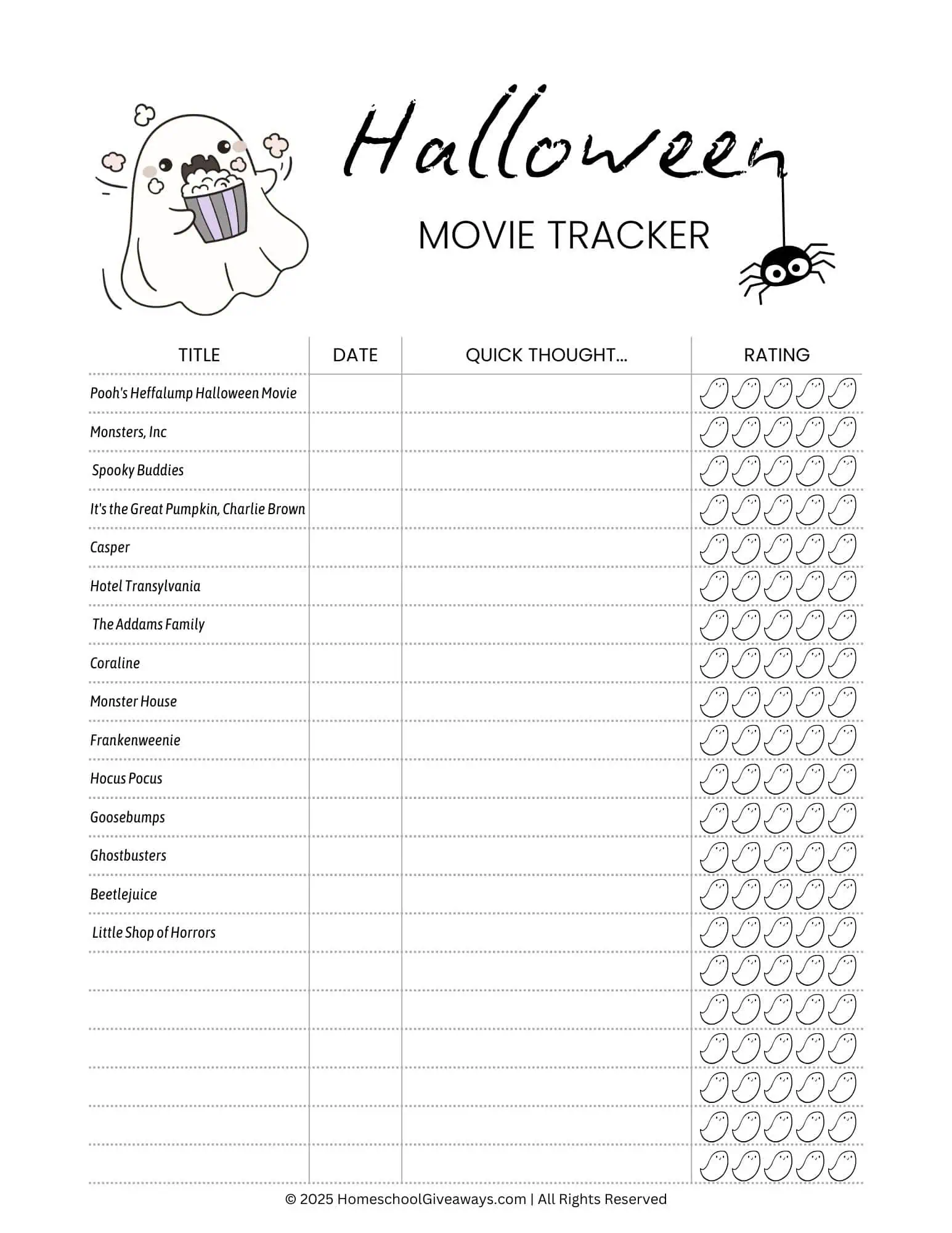 halloween movies for kids tracker with a ghost eating popcorn and a spider hanging from the title.