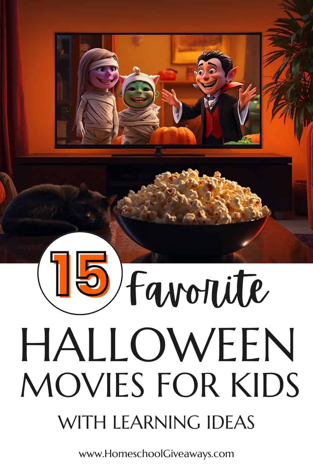 Halloween movies for kids with Cozy living room, a TV showing friendly Halloween monsters, a sleeping black cat nearby, and a bowl of popcorn.