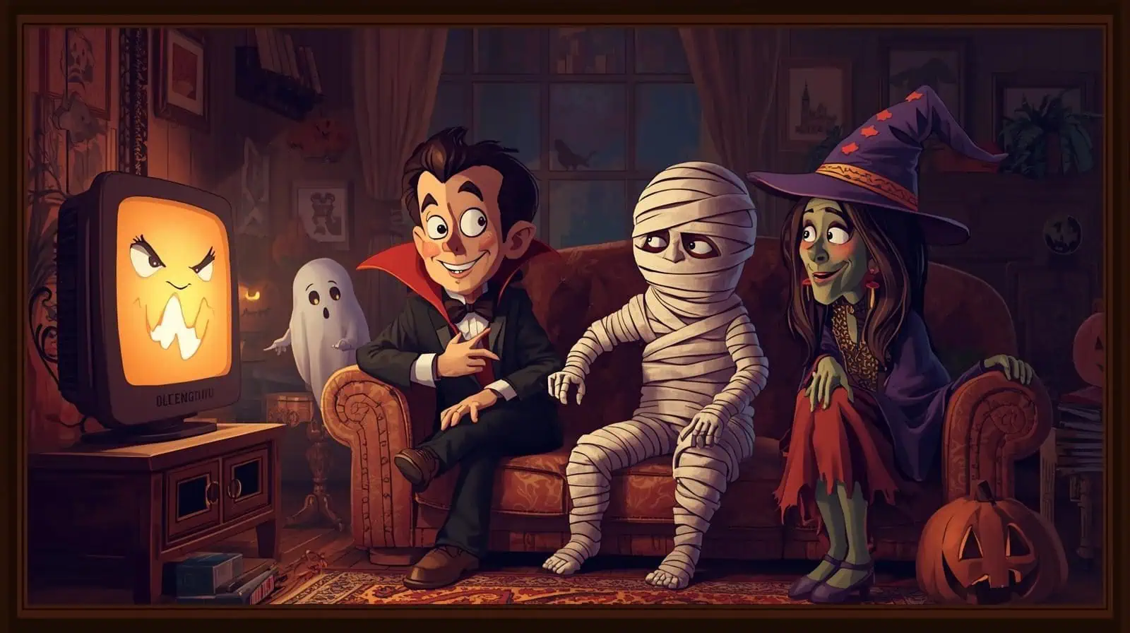 A friendly vampire, mummy and a witch watching a movie in a living room.