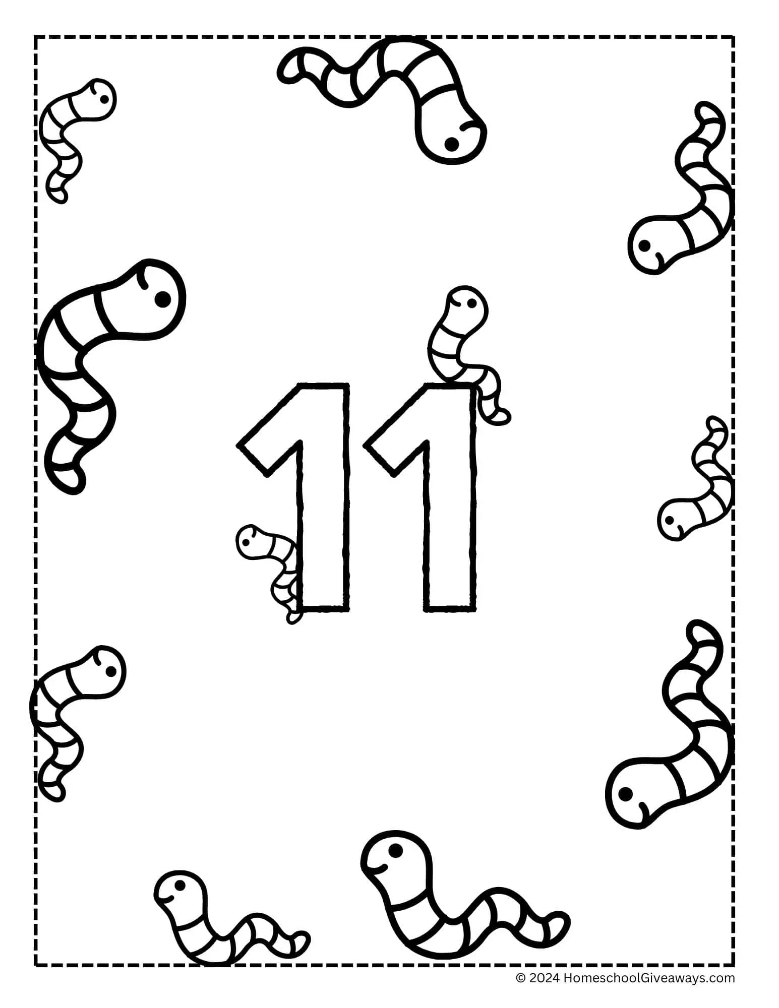worm coloring page with 11 worms & the #11