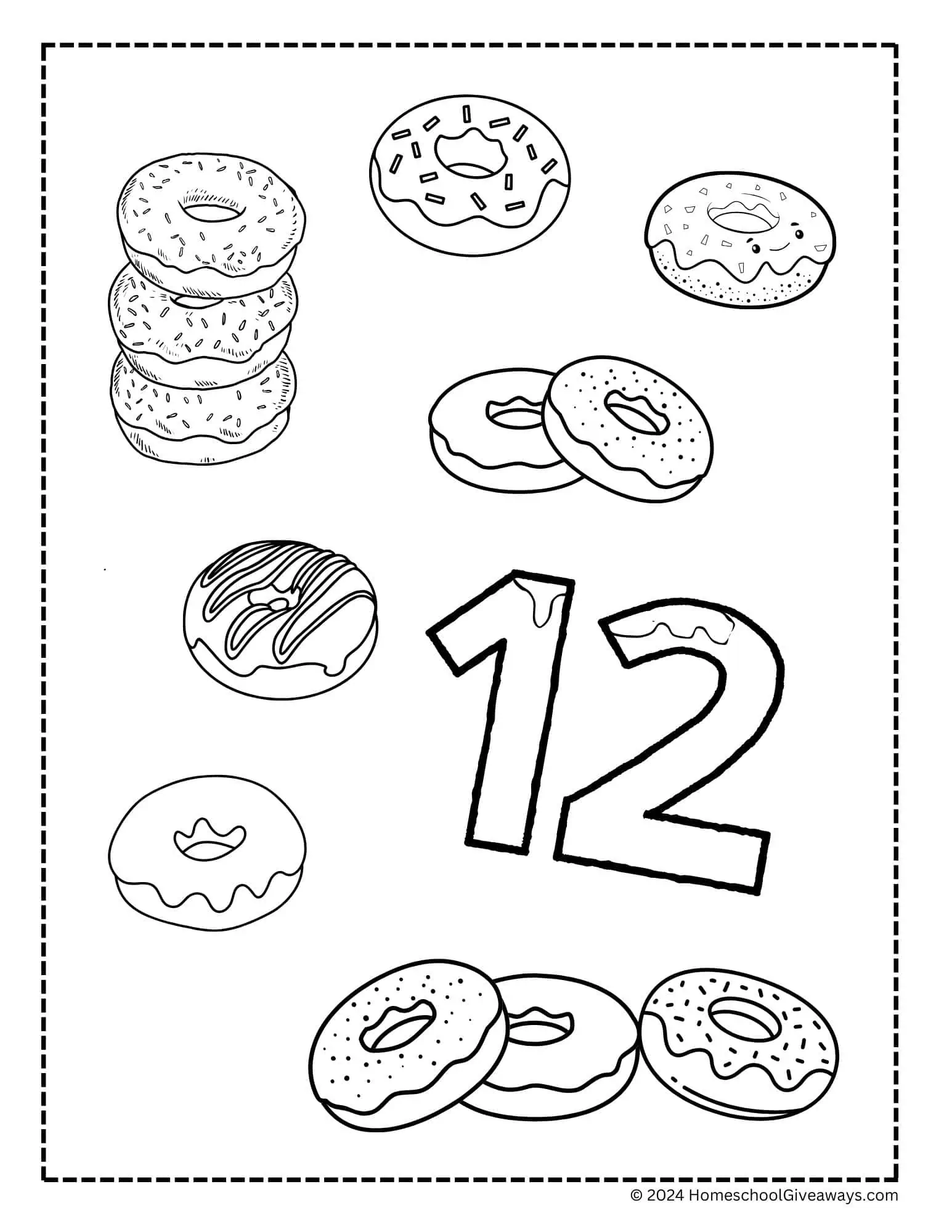 donut coloring page with 12 donuts and the #12