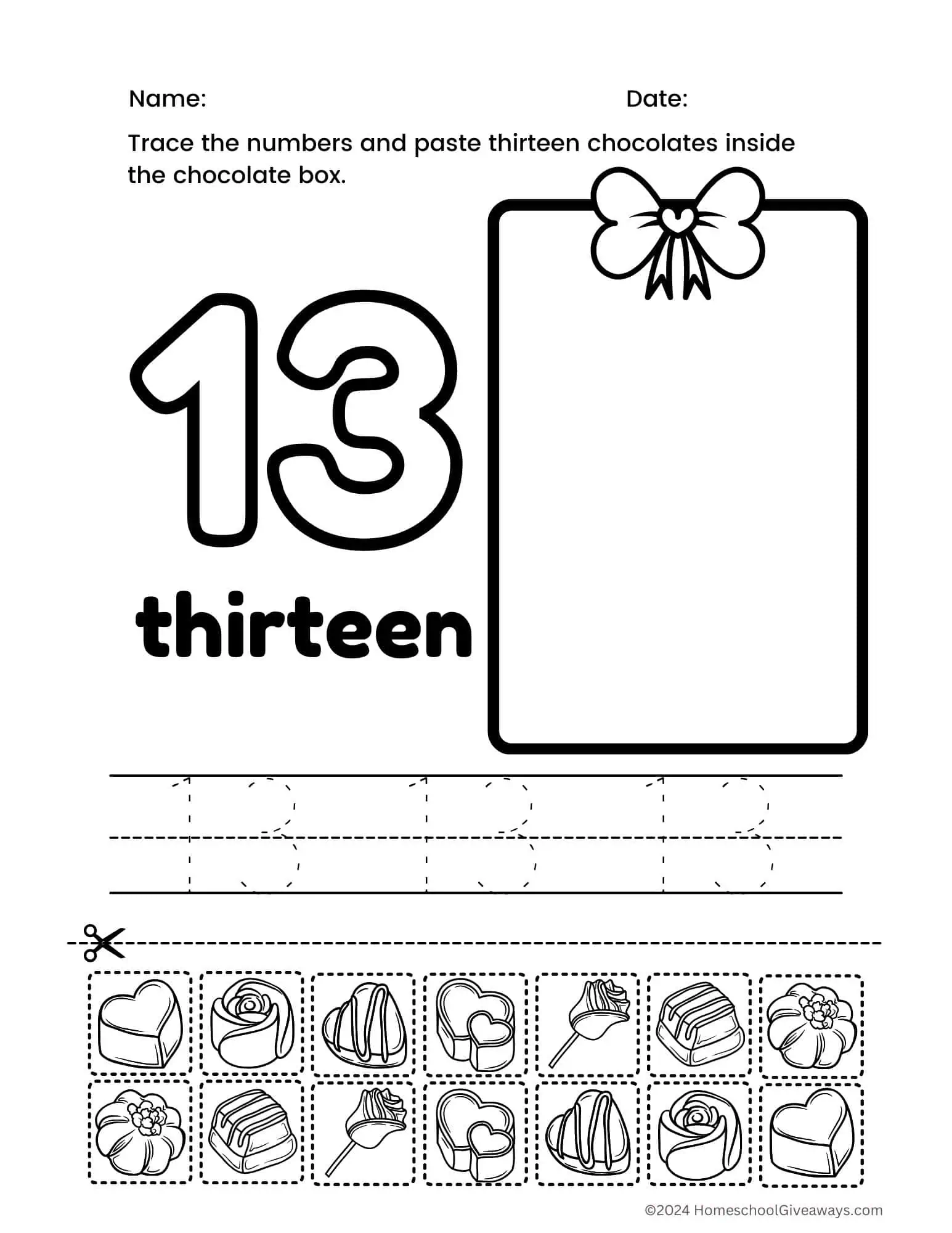 number 13 coloring page with chocolate hearts to cut & paste