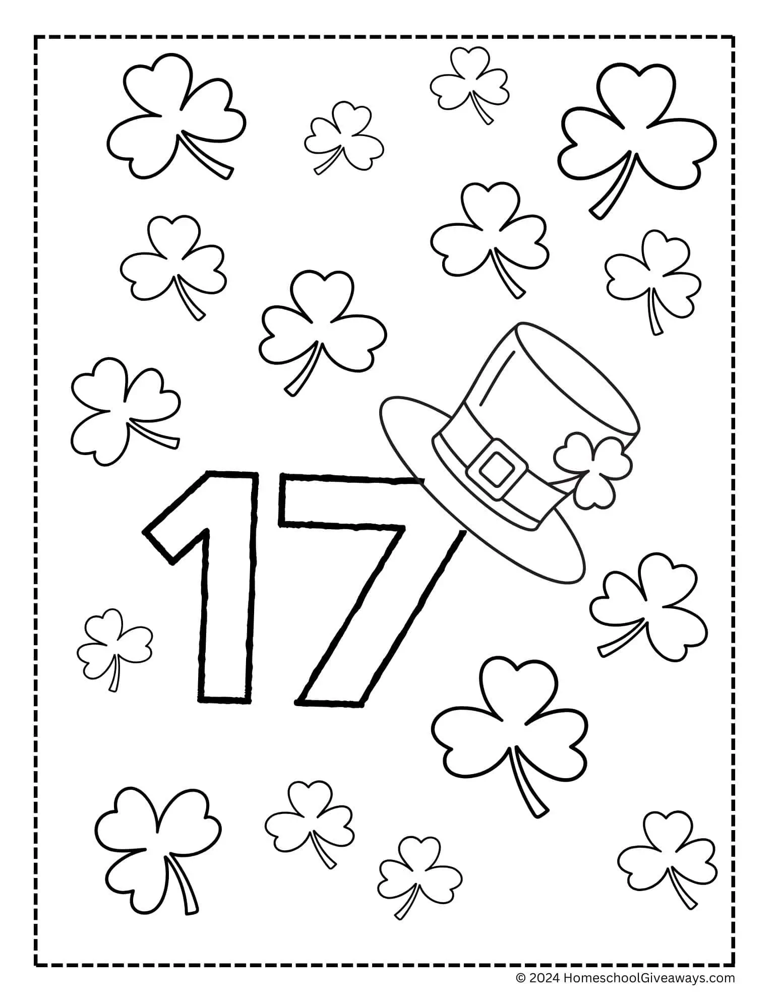 number 17 coloring page with shamrocks and a leprechaun hat