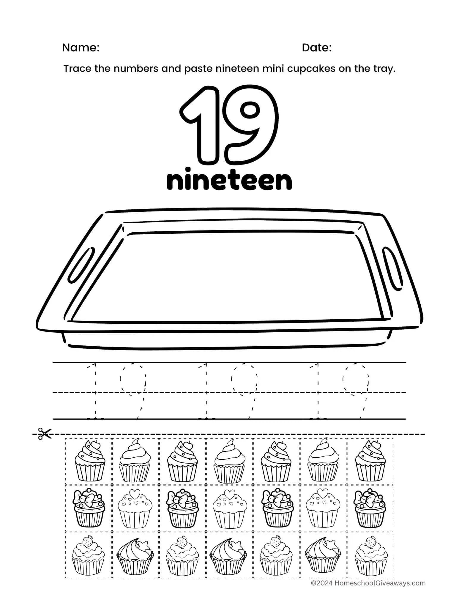 number 19 coloring page to cut & paste cupcakes
