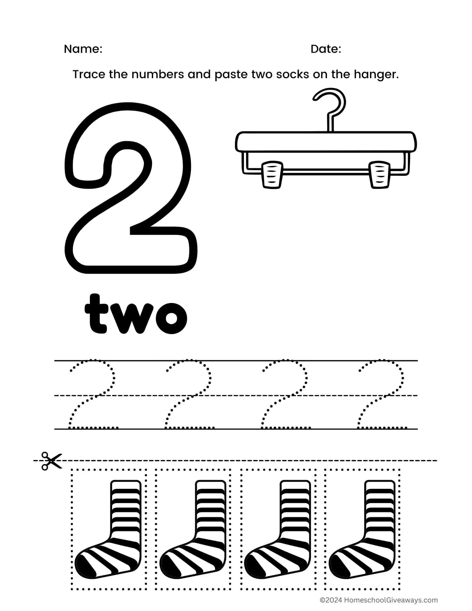 number 2 coloring page with socks to cut & paste on a hanger + tracing #2