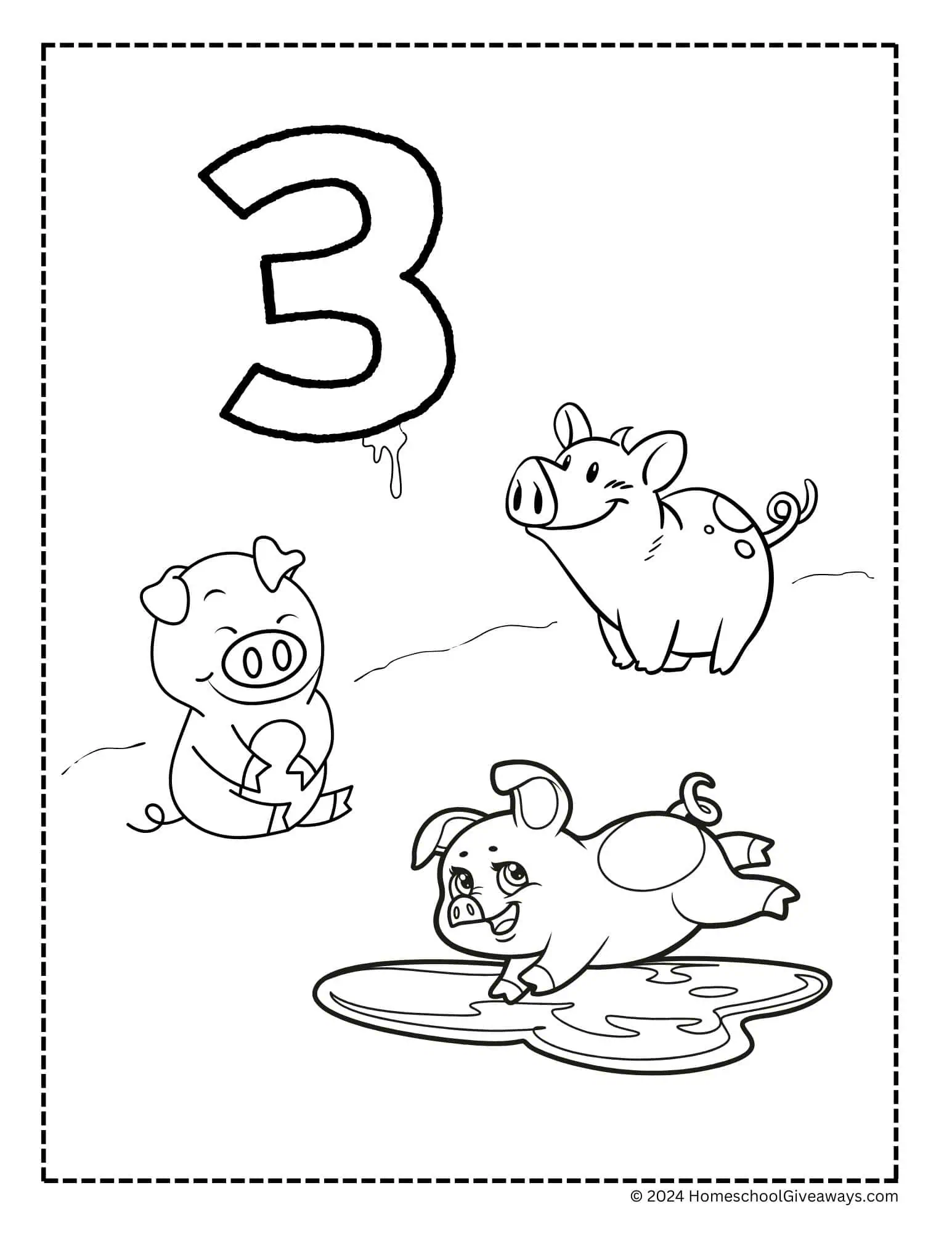 number 3 coloring page with 3 pigs