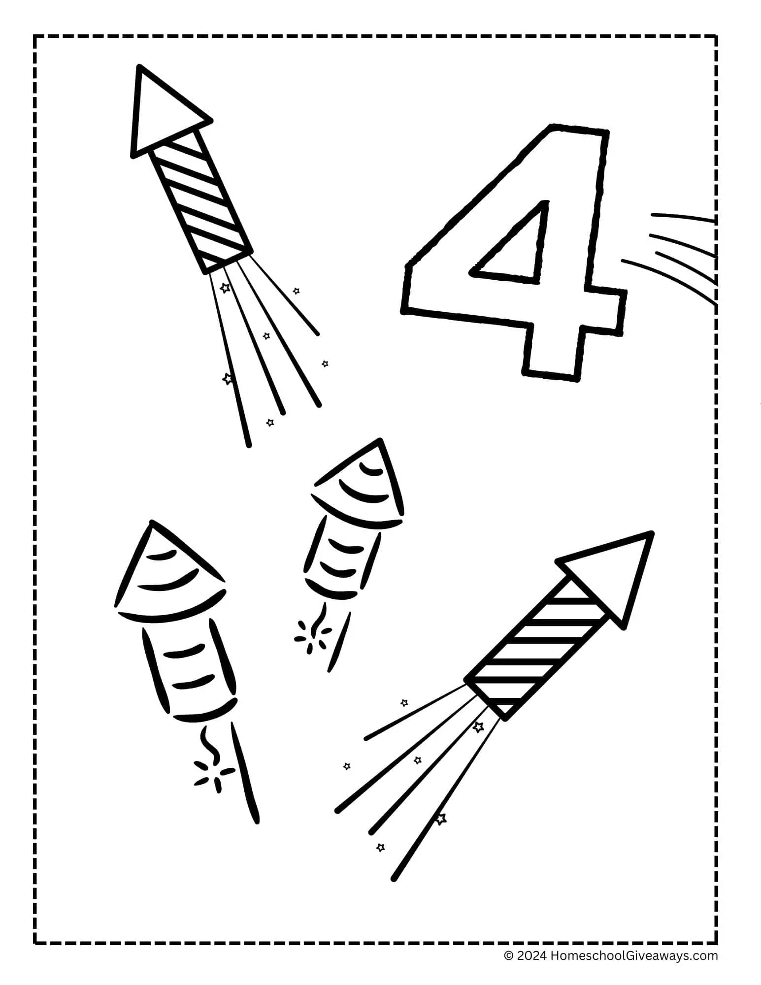 4th of July Coloring Page with 4 firework rockets and the number 4