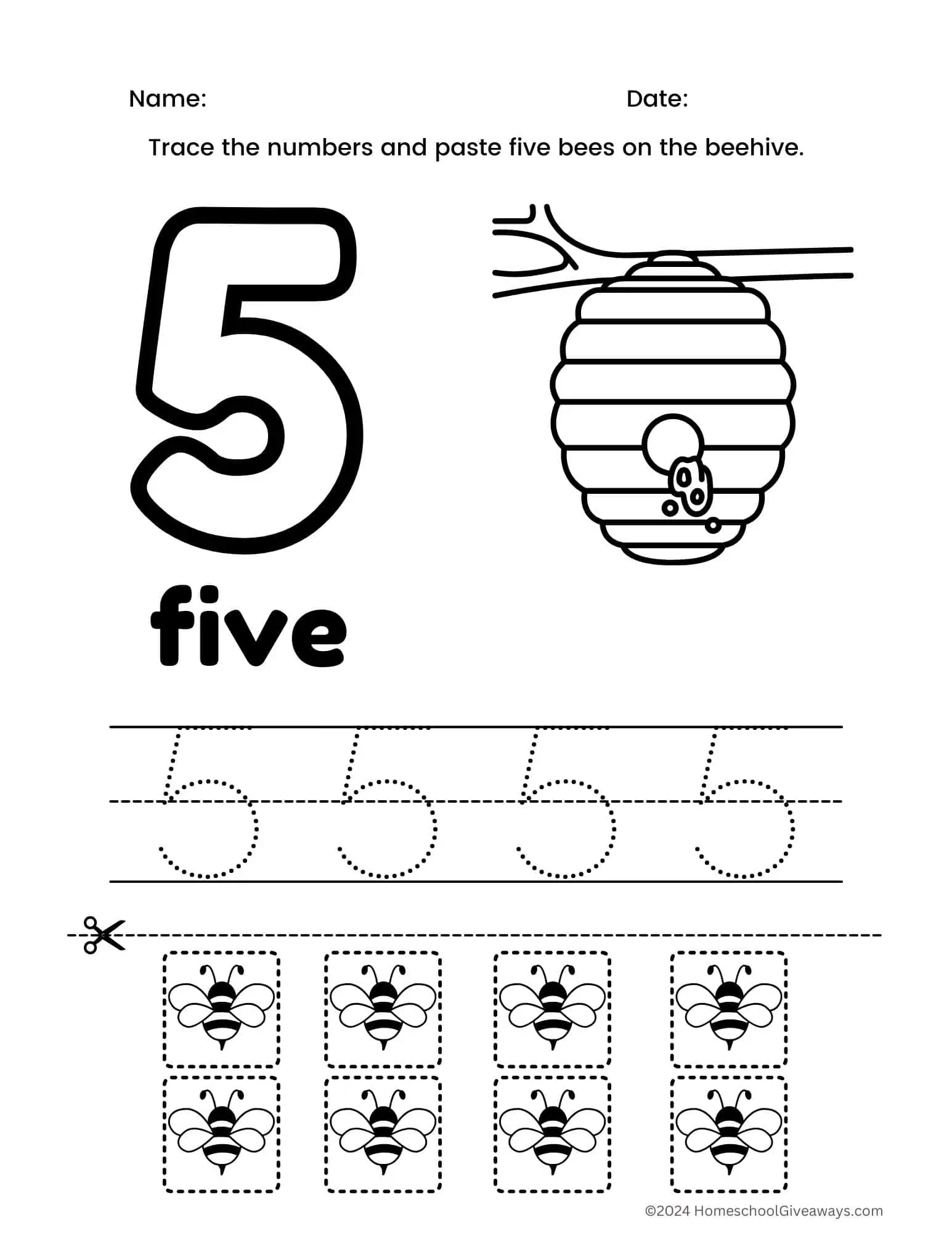 number 5 coloring page with honeybees to cut & paste