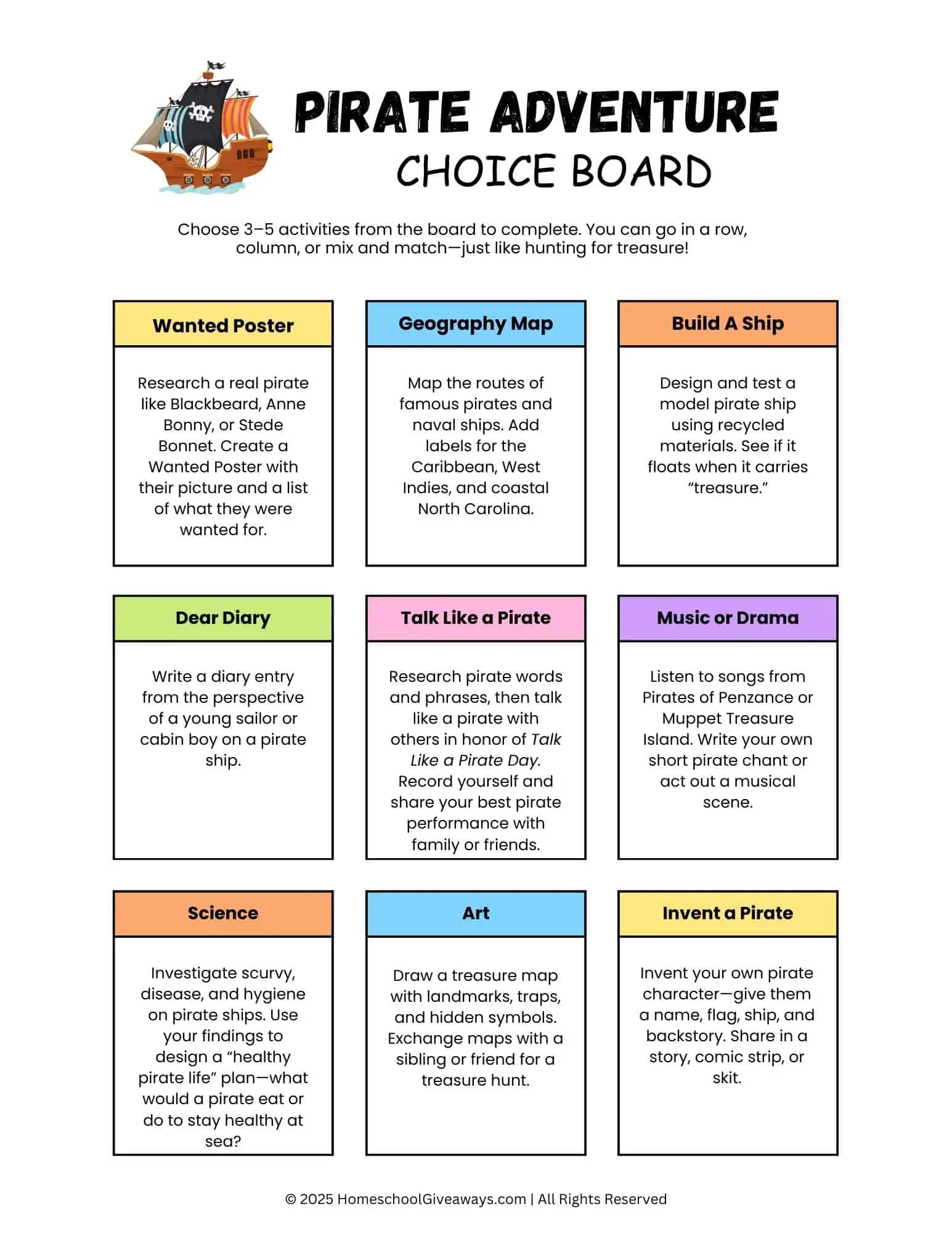 12 pirate-themed learning activities for kids ages 10-14, featuring creative, research, and hands-on challenges with a cartoon pirate ship illustration.