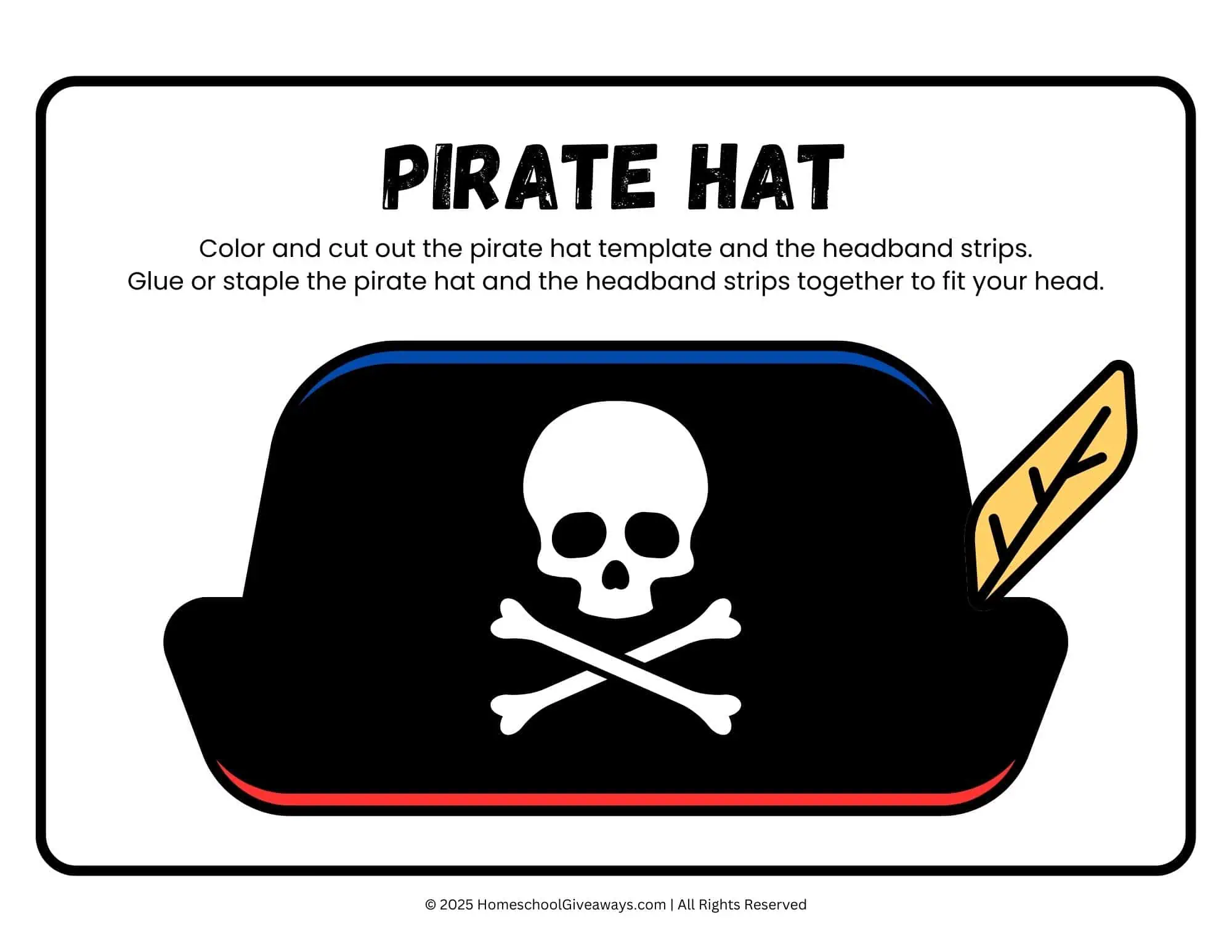 Printable pirate hat craft for kids to color, cut out, and assemble as part of a DIY pirate costume.