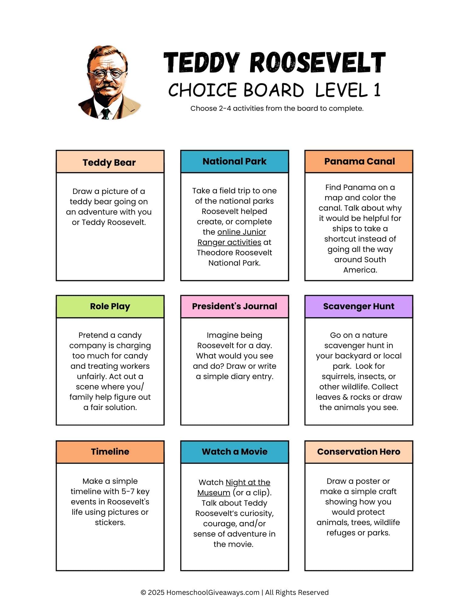 President Theodore Roosevelt choice board with 9 ideas for kids to learn more about him