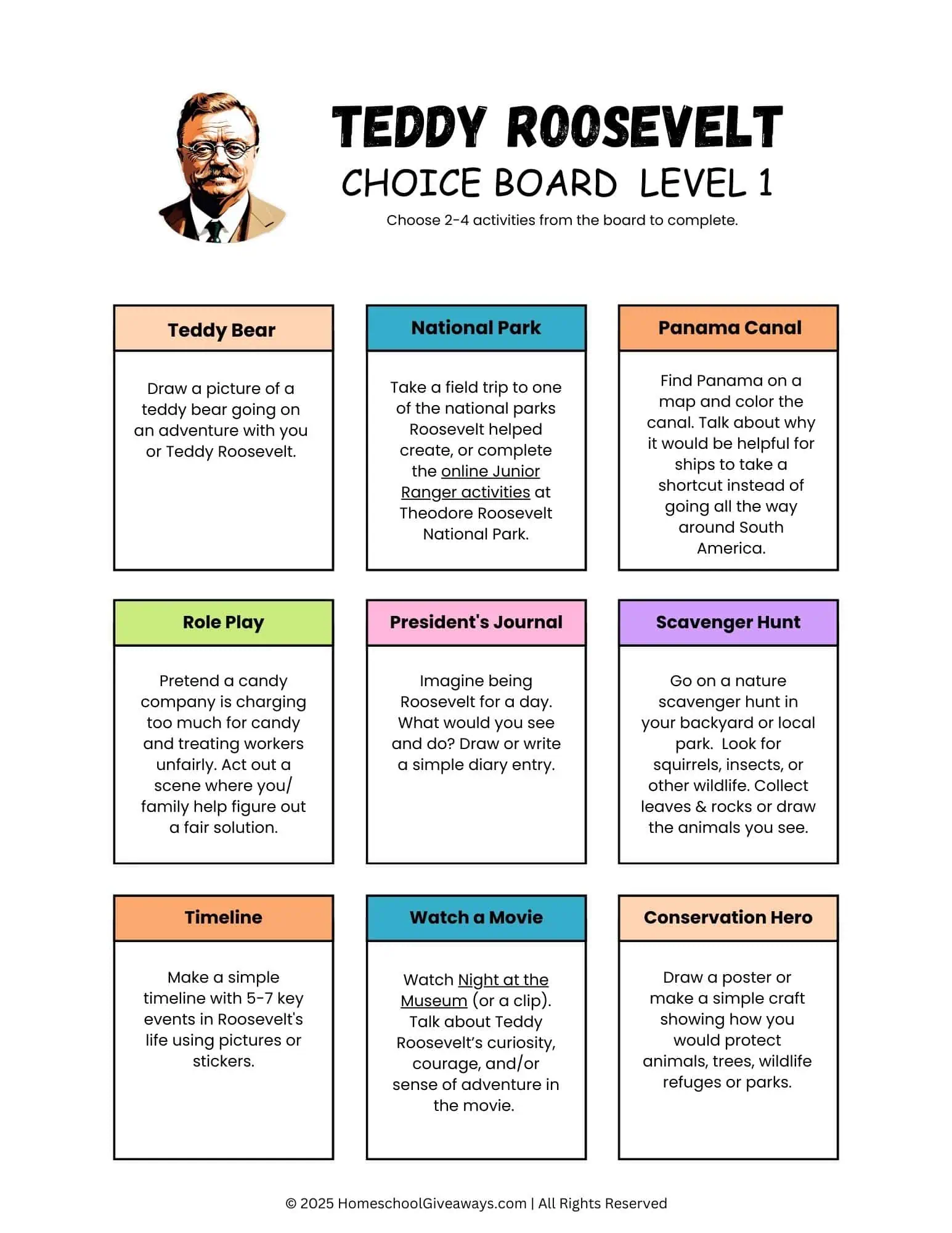 President Theodore Roosevelt choice board with 9 ideas for kids to learn more about him