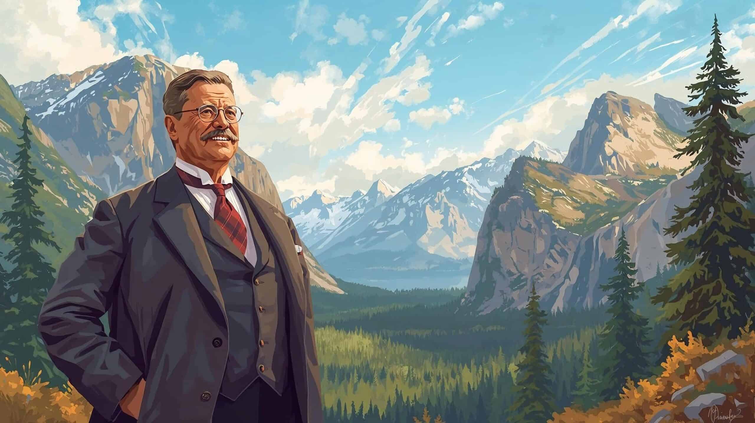 illustration of Theodore Roosevelt smiling with a national park with a valley and mountains behind him