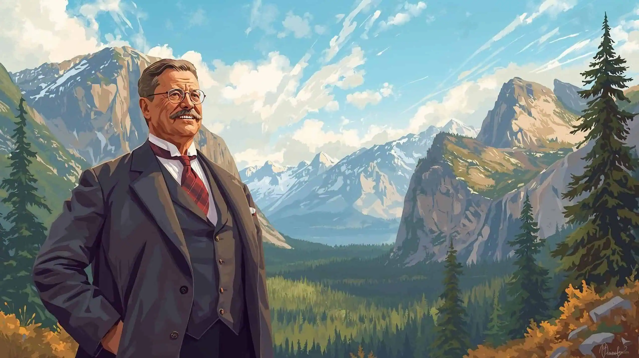 illustration of Theodore Roosevelt smiling with a national park with a valley and mountains behind him