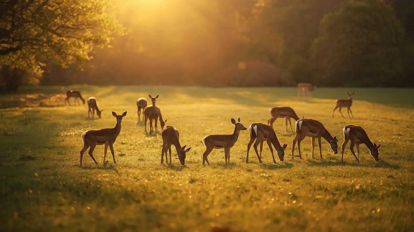 Herd of deer in a sunlit meadow, with one deer looking directly at the camera.