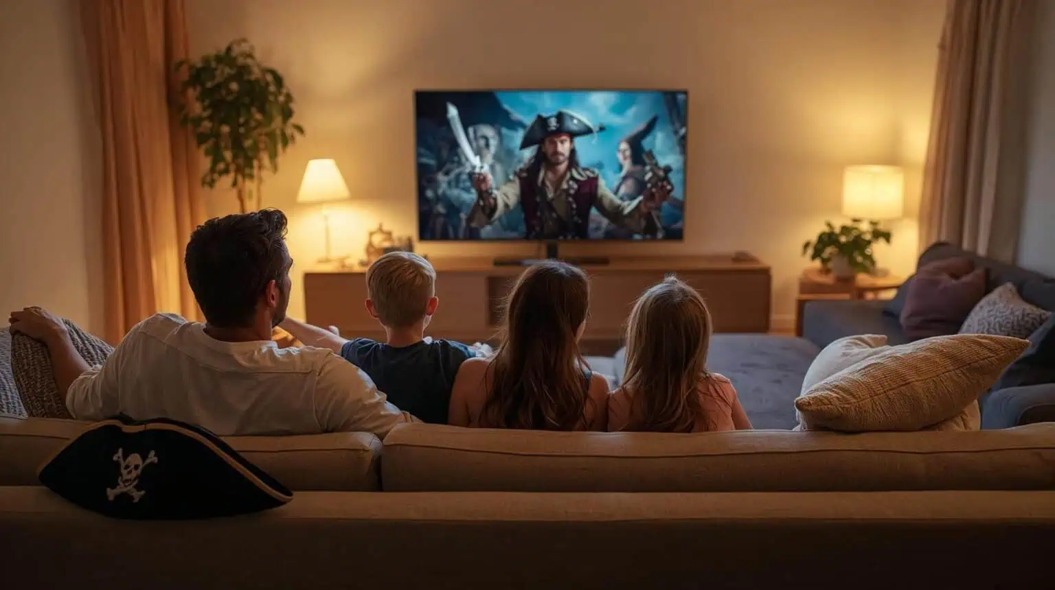 Family of four sitting on a couch, viewed from behind, watching a pirate movie on TV. Parents and two children appear engaged and excited, enjoying a cozy movie night together.