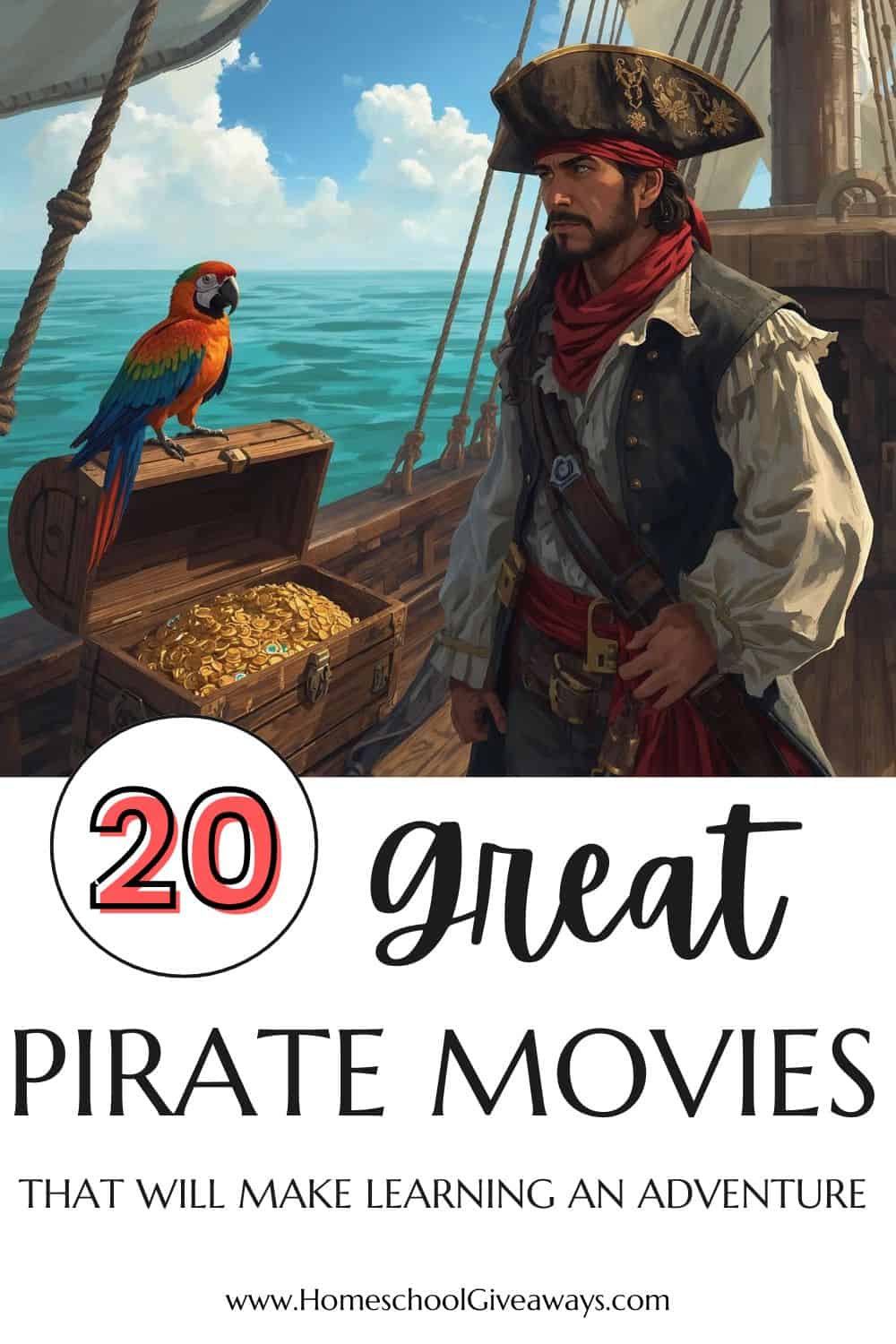 Realistic pirate standing on the deck of a ship with a parrot and a treasure chest of gold. Text overlay reads "20 Great Pirate Movies that will Make Learning an Adventure."