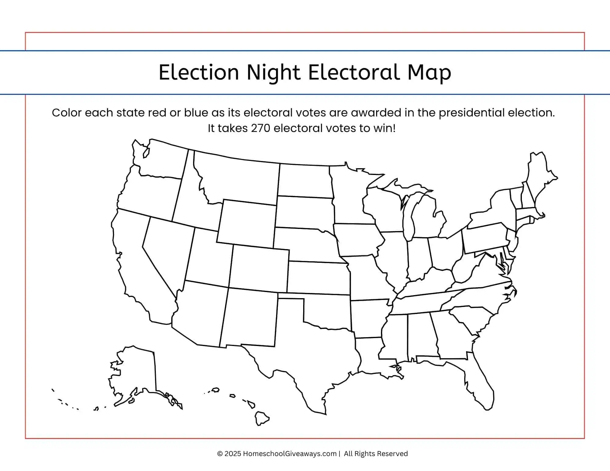 Blank United States map coloring page with state outlines for kids to color election results.