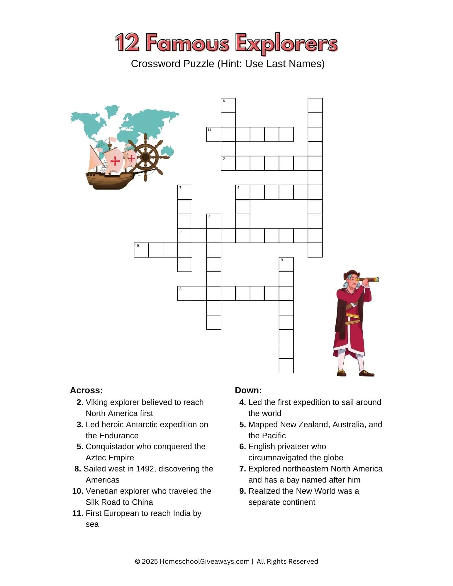 12 famous explorers crossword puzzle with image of explorer , ship, wheel and continents map