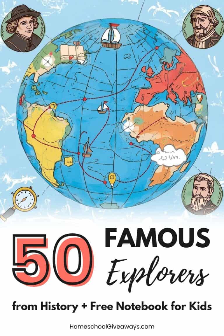 Illustrated world map with dotted travel routes, three hand-drawn explorer faces, and playful icons like a compass, ship, and journal; bright, colorful design with text overlay that reads “50 famous explorers from history + Free notebook for kids.”