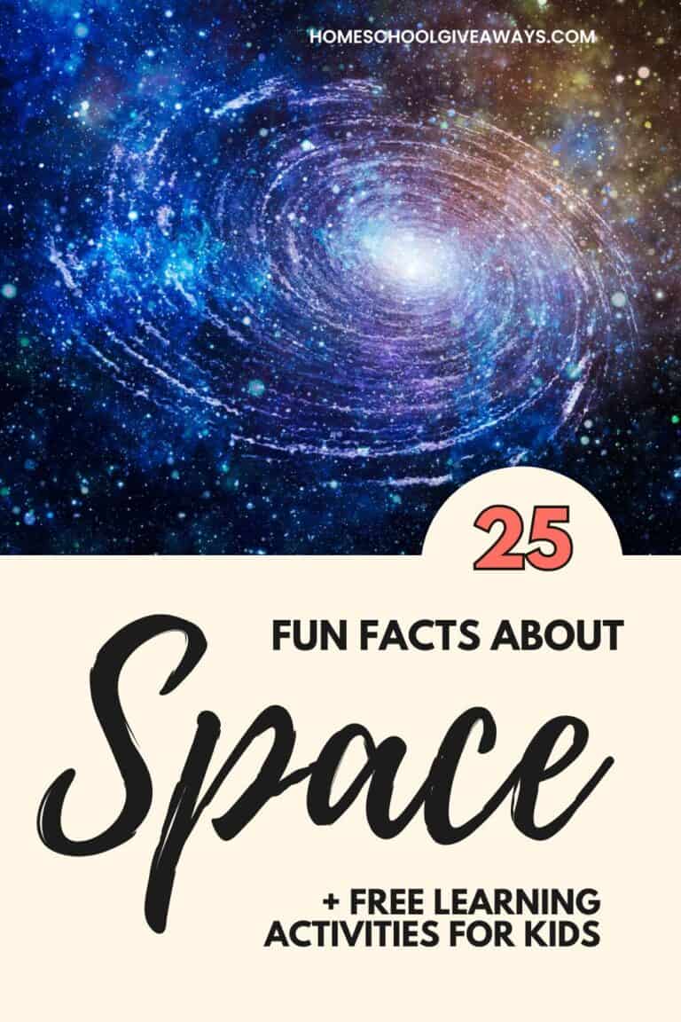 Colorful image of milky way galaxy in outer space with planets, stars, and galaxies. Text overlay says ‘25 fun facts about space + free learning activities for kids.’
