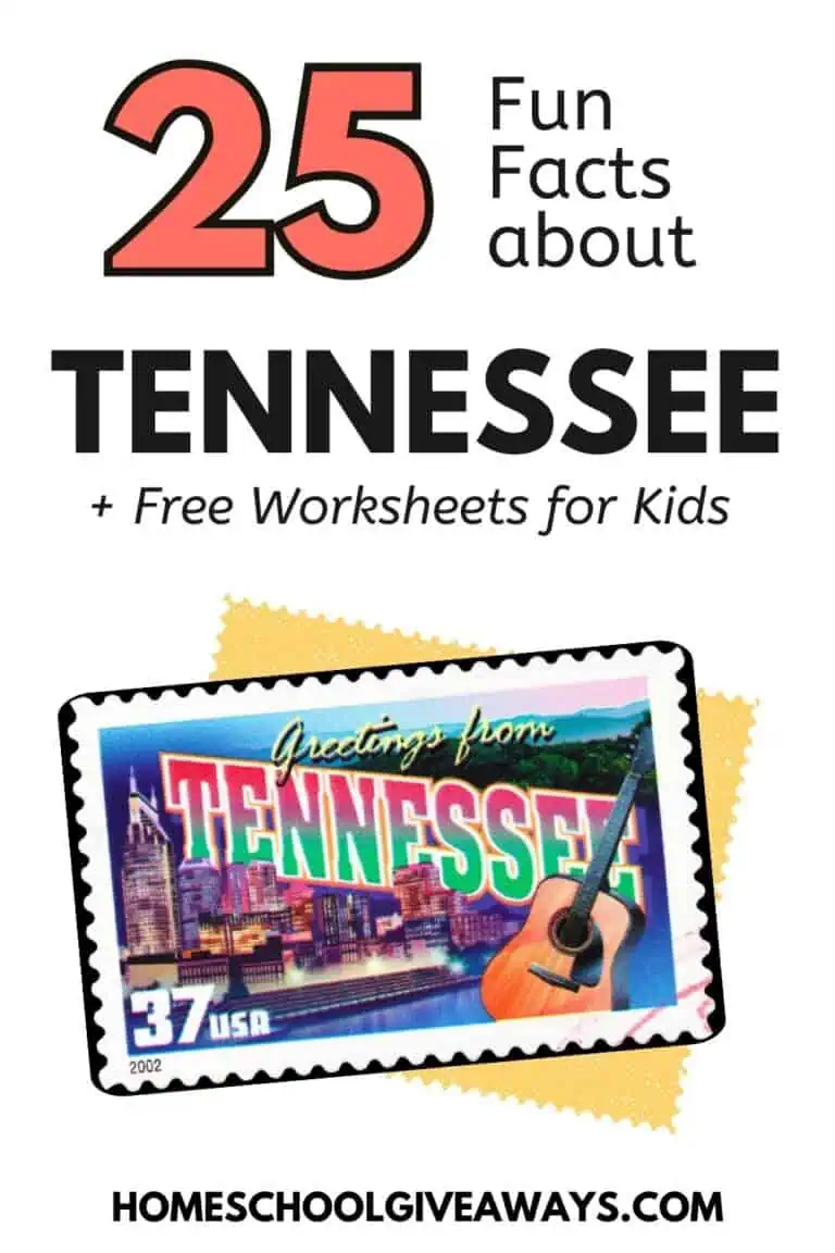 Illustration of a Tennessee stamp with text overlay that says "25 Fun Facts about Tennessee + Free Worksheets for Kids"