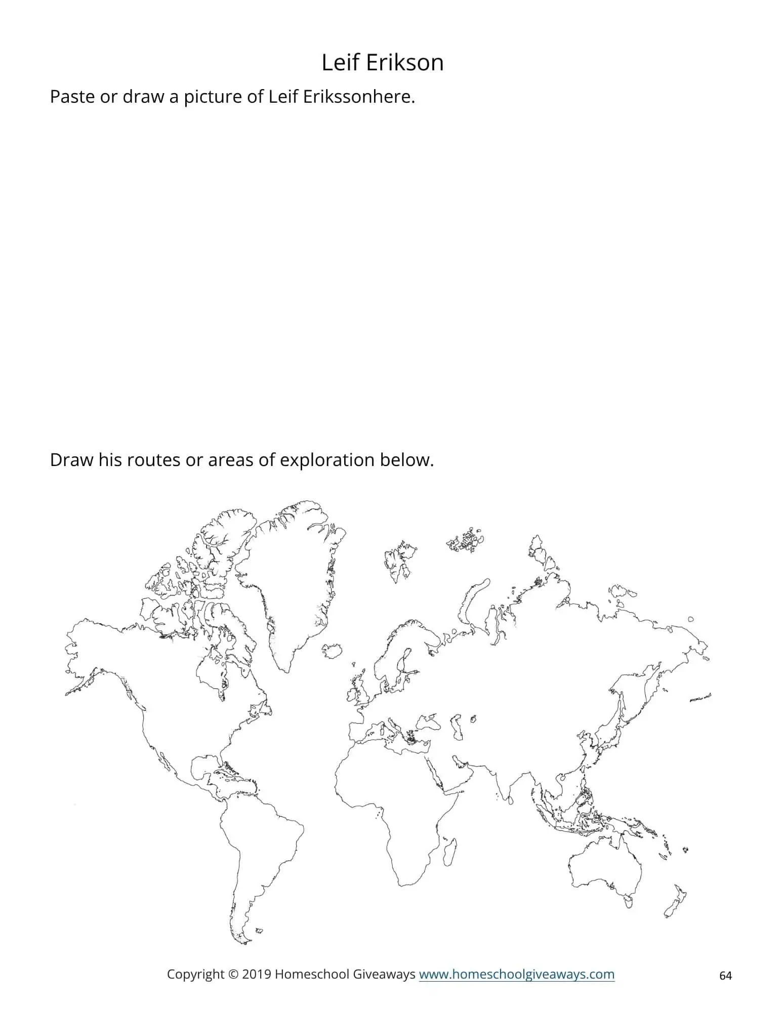 Famous Explorers notebook pages for Leif Erikson with map to trace his route