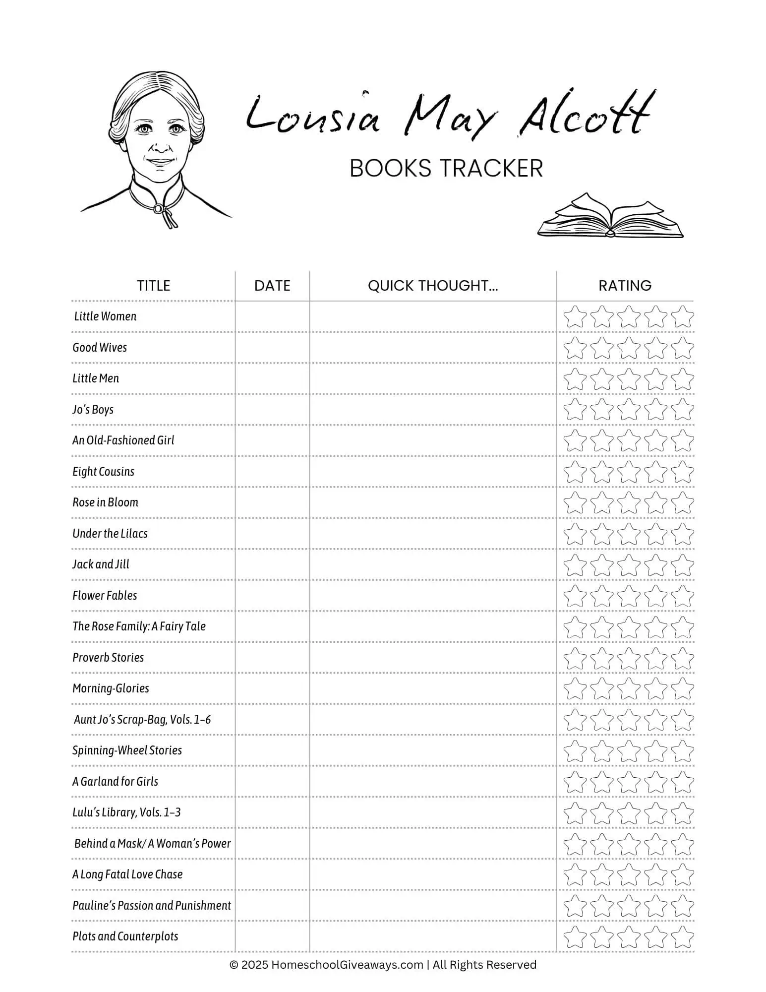 louisa may alcott book this with rating tracker and black & white image of her and an open book.