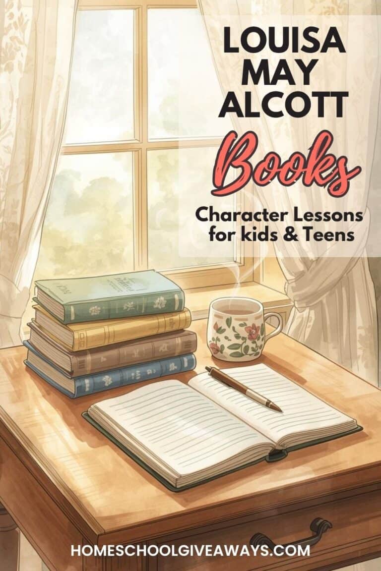 wooden desk by window with open journal, stack of books and cup of tea with text overlay "Louisa May Alcott Books: Character Lessons for Kids & Teens"