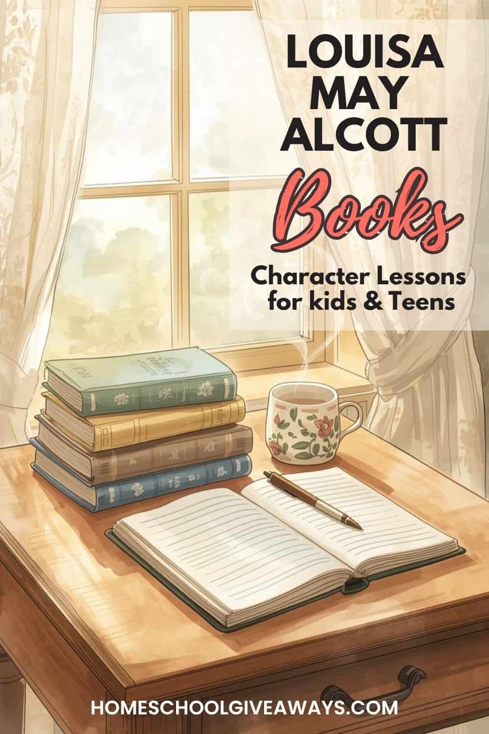 wooden desk by window with open journal, stack of books and cup of tea with text overlay "Louisa May Alcott Books: Character Lessons for Kids & Teens"