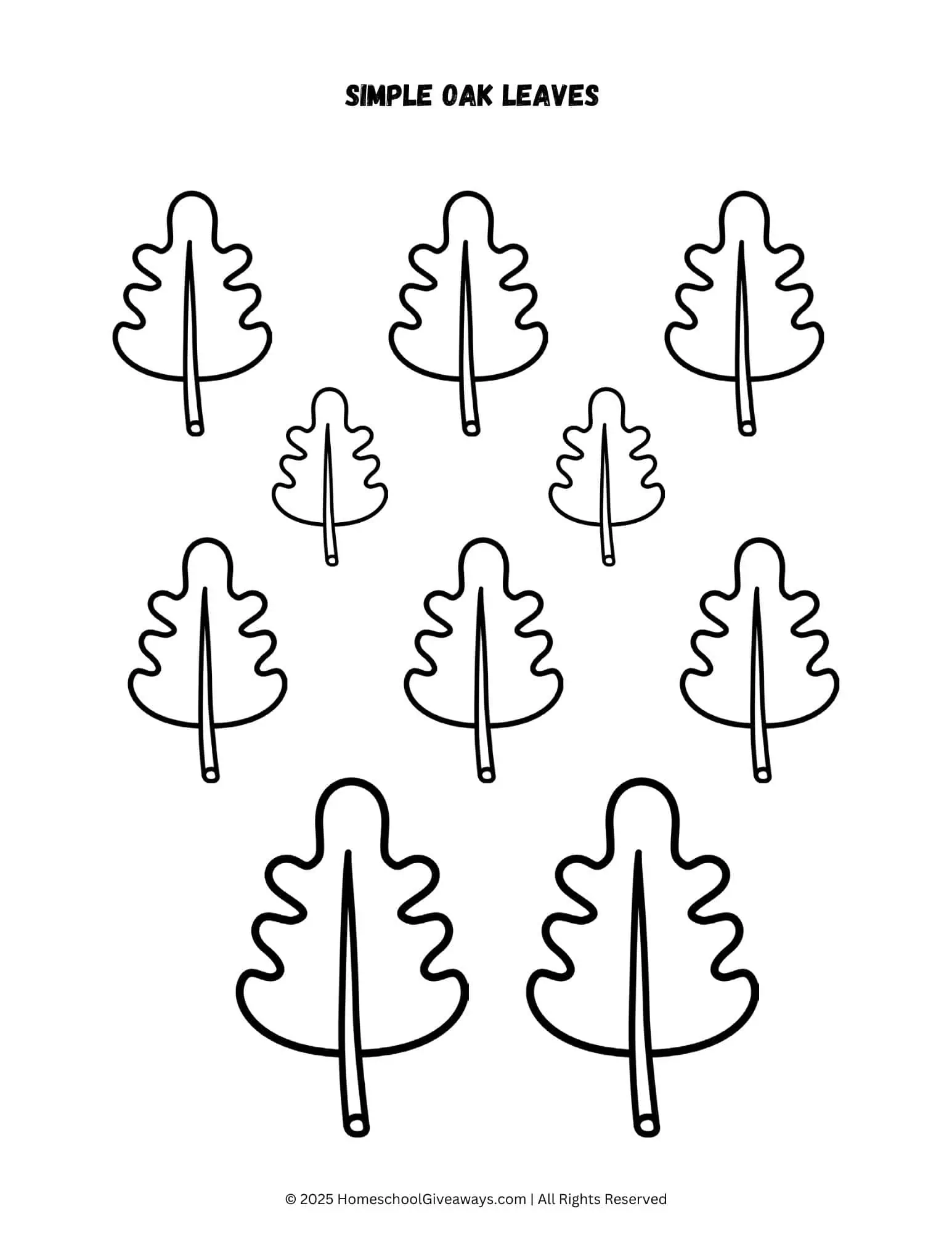 oak leaf template page with 3 sizes of leaves to color and cut