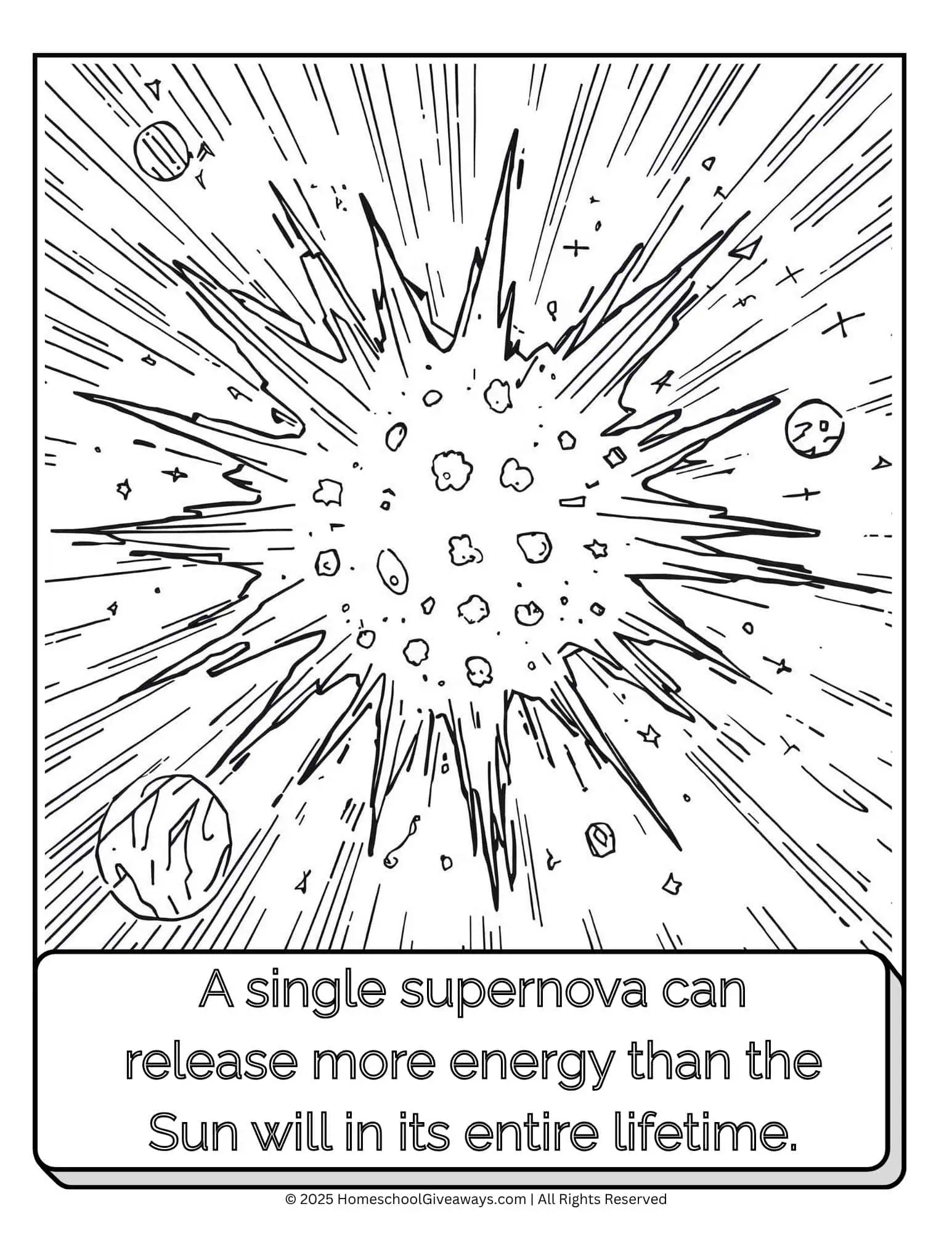 “Supernova coloring page for kids showing a star exploding with radiant clouds, stars, planets, and a tiny space probe.