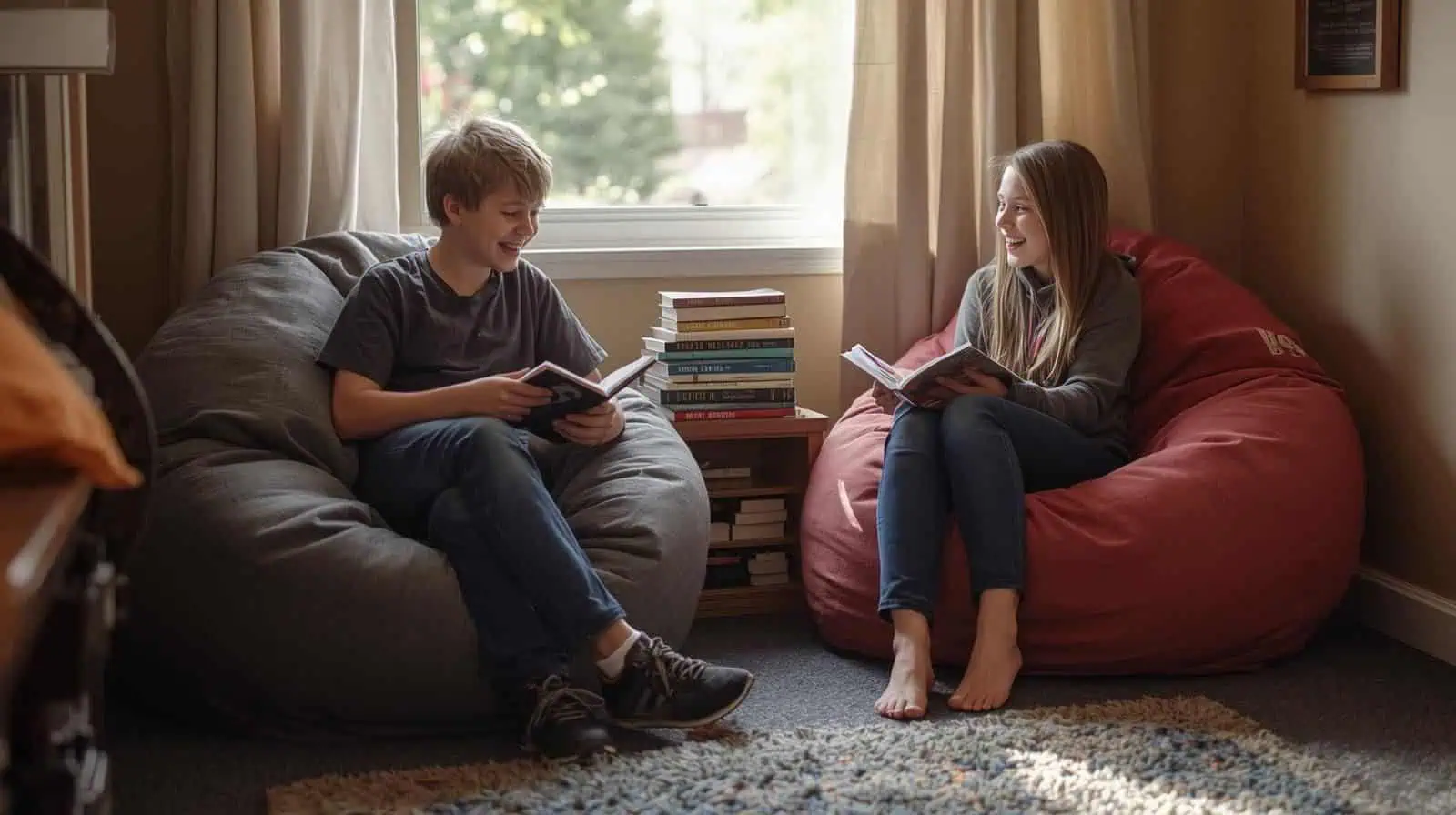 middle school boy and girl sitting in bean bags by a wind reading books and smiling