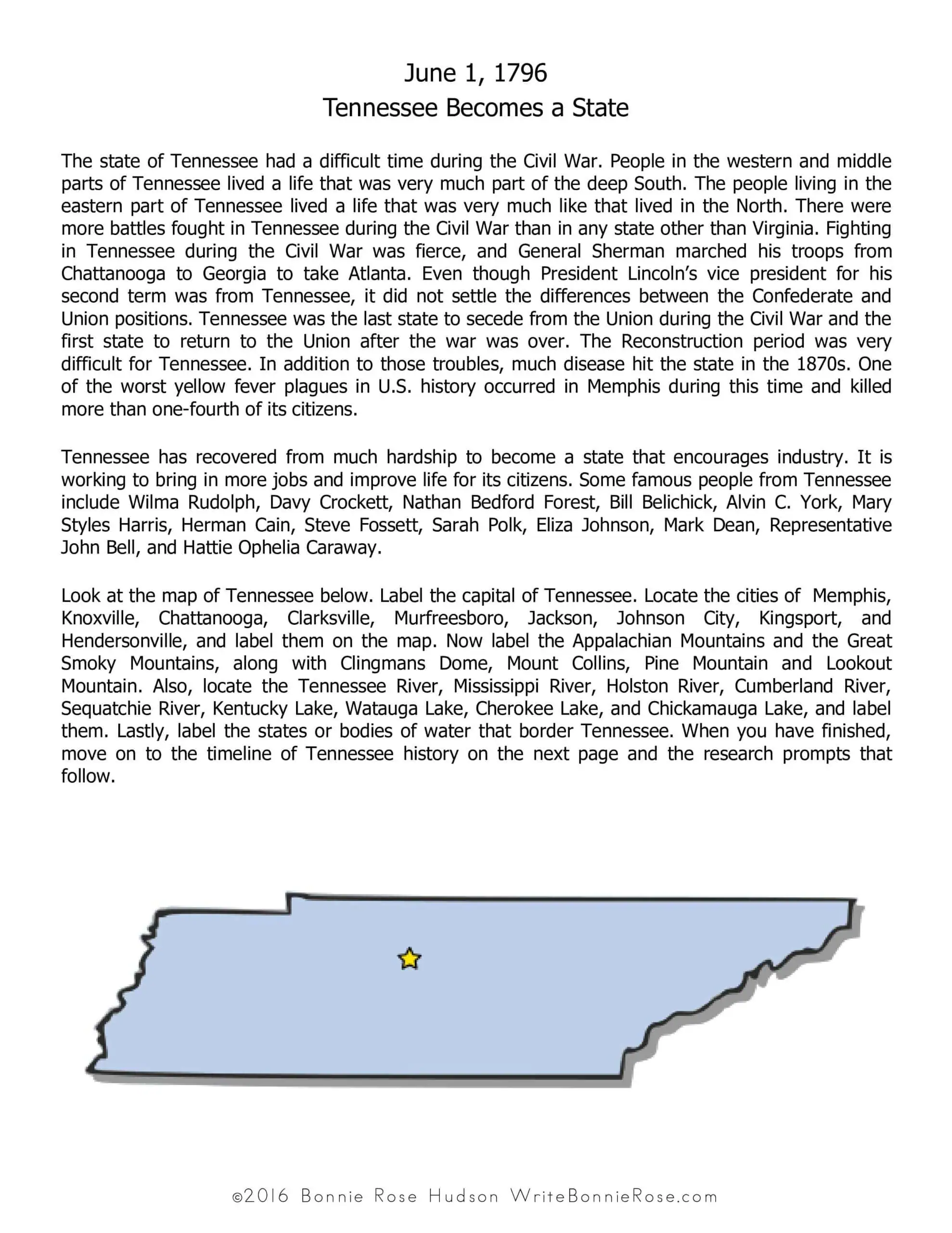a Tennessee timeline reading with the outline of the state