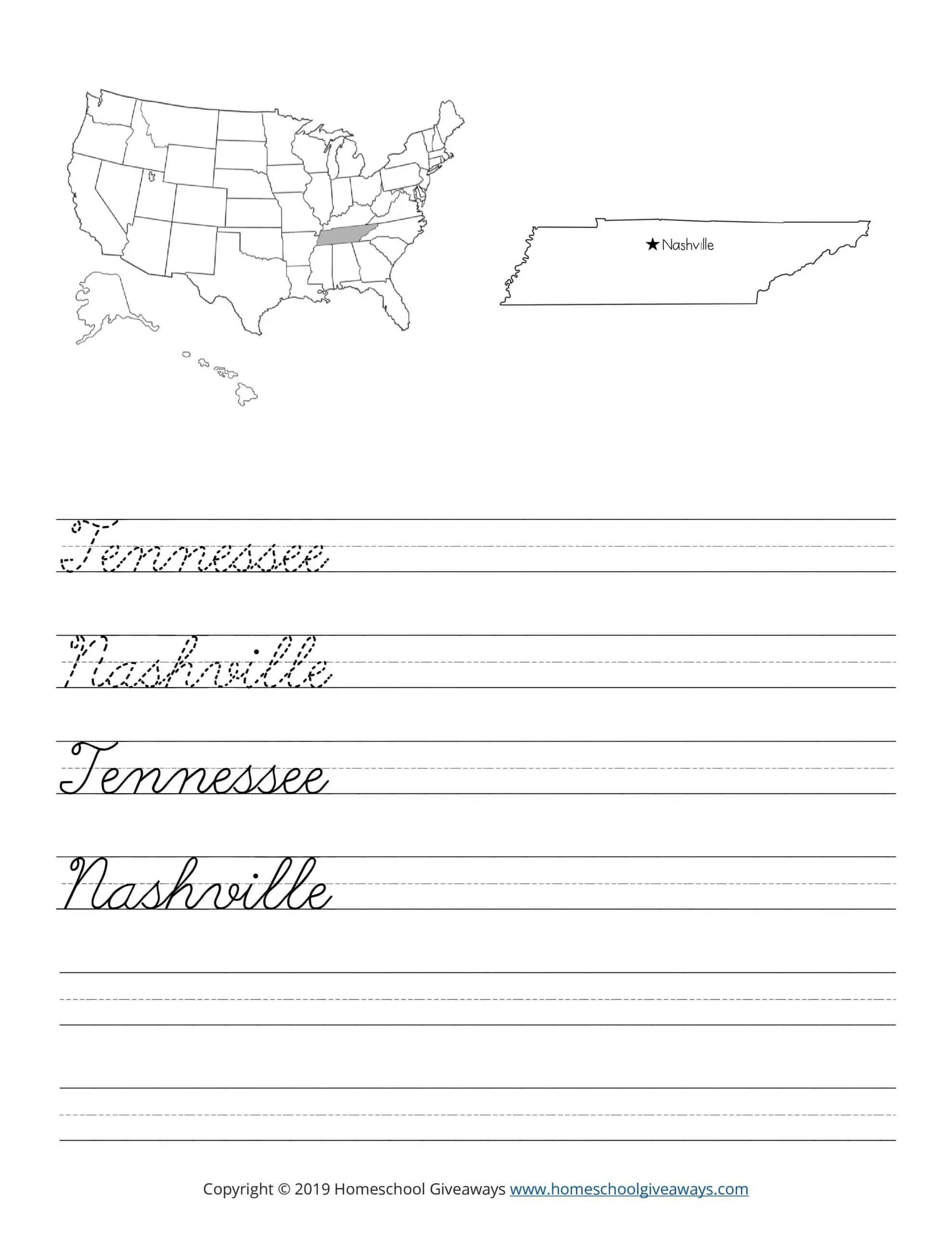 Cursive handwriting worksheet for Tennessee, showing the state name and capital to trace, a black-and-white state outline, and a USA map highlighting Tennessee.