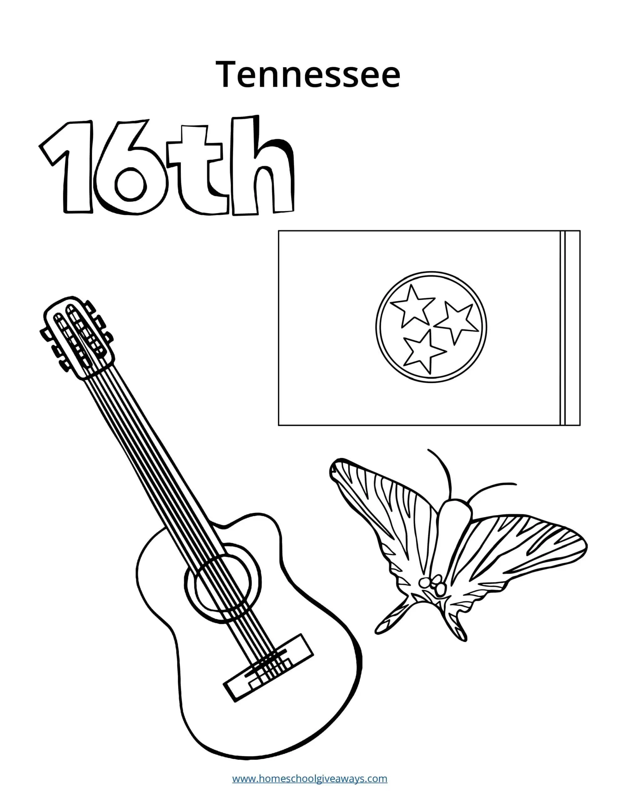 Tennessee state symbols coloring page featuring the state flag, number 16, state butterfly, and a guitar, ready for kids to color and/or cut out for educational fun.