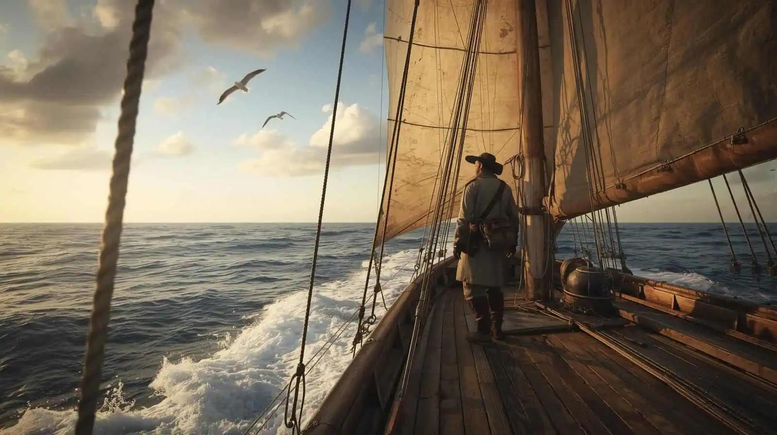 Photorealistic image of an explorer standing on the deck of an old wooden ship at sunrise, symbolizing the courage and adventure of famous explorers setting sail to discover new worlds.