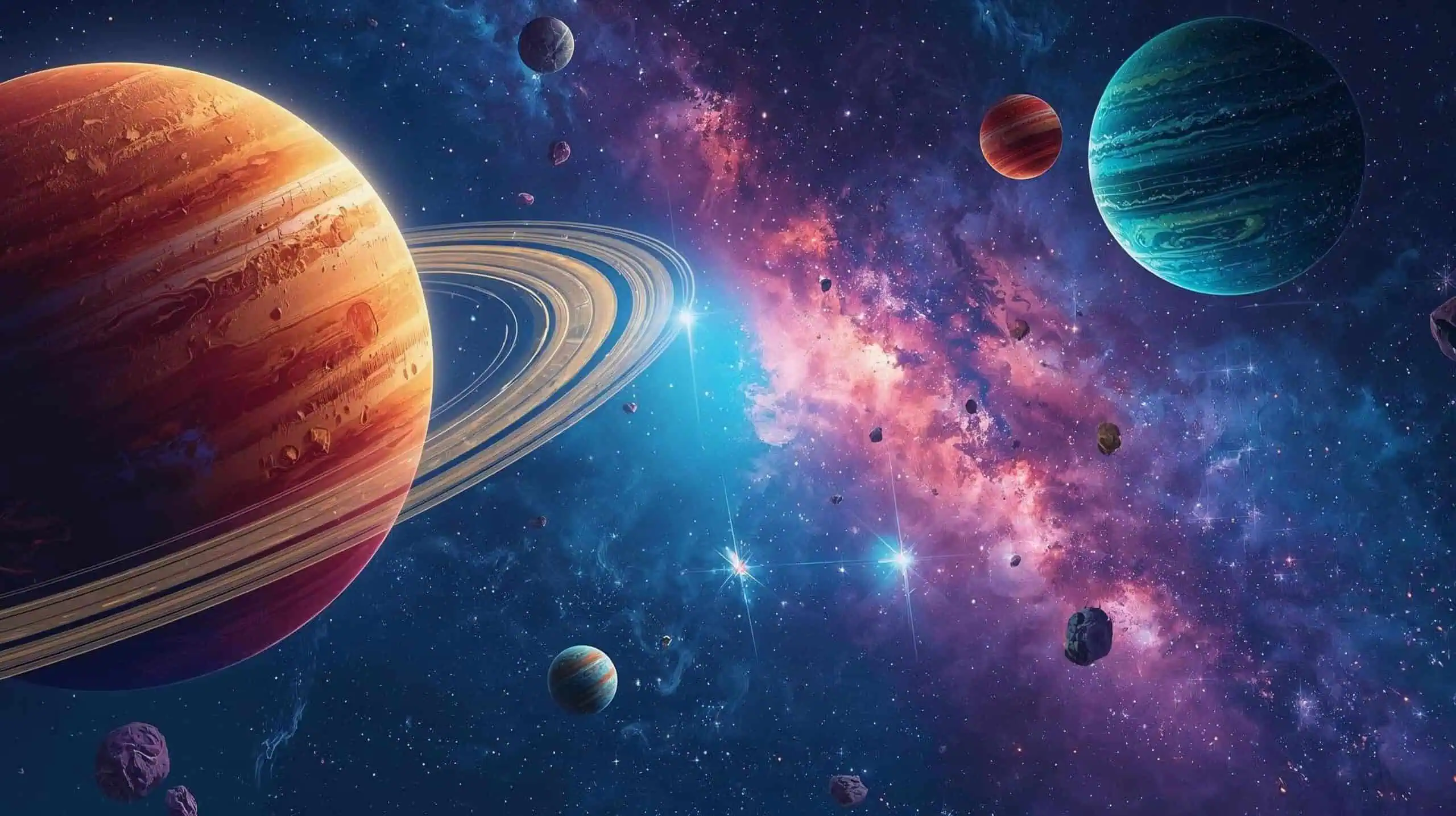 Realistic, colorful illustration of outer space for children, showing planets with detailed surfaces and rings, distant galaxies, stars of varying sizes, a few asteroid.