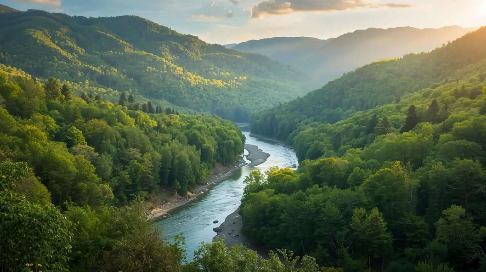 Photorealistic view of Tennessee’s Great Smoky Mountains with lush green forests and a winding river bathed in soft morning sunlight.