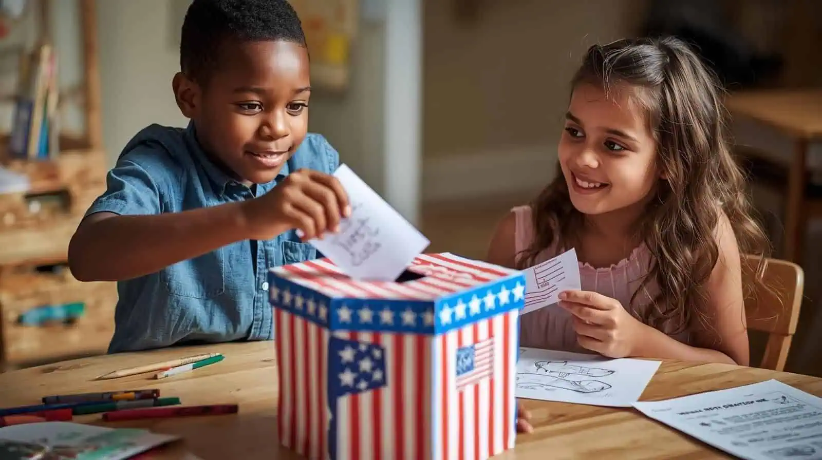 boy and girl smiling as they drop ballots into a flag covered ballot box in a classroom setting