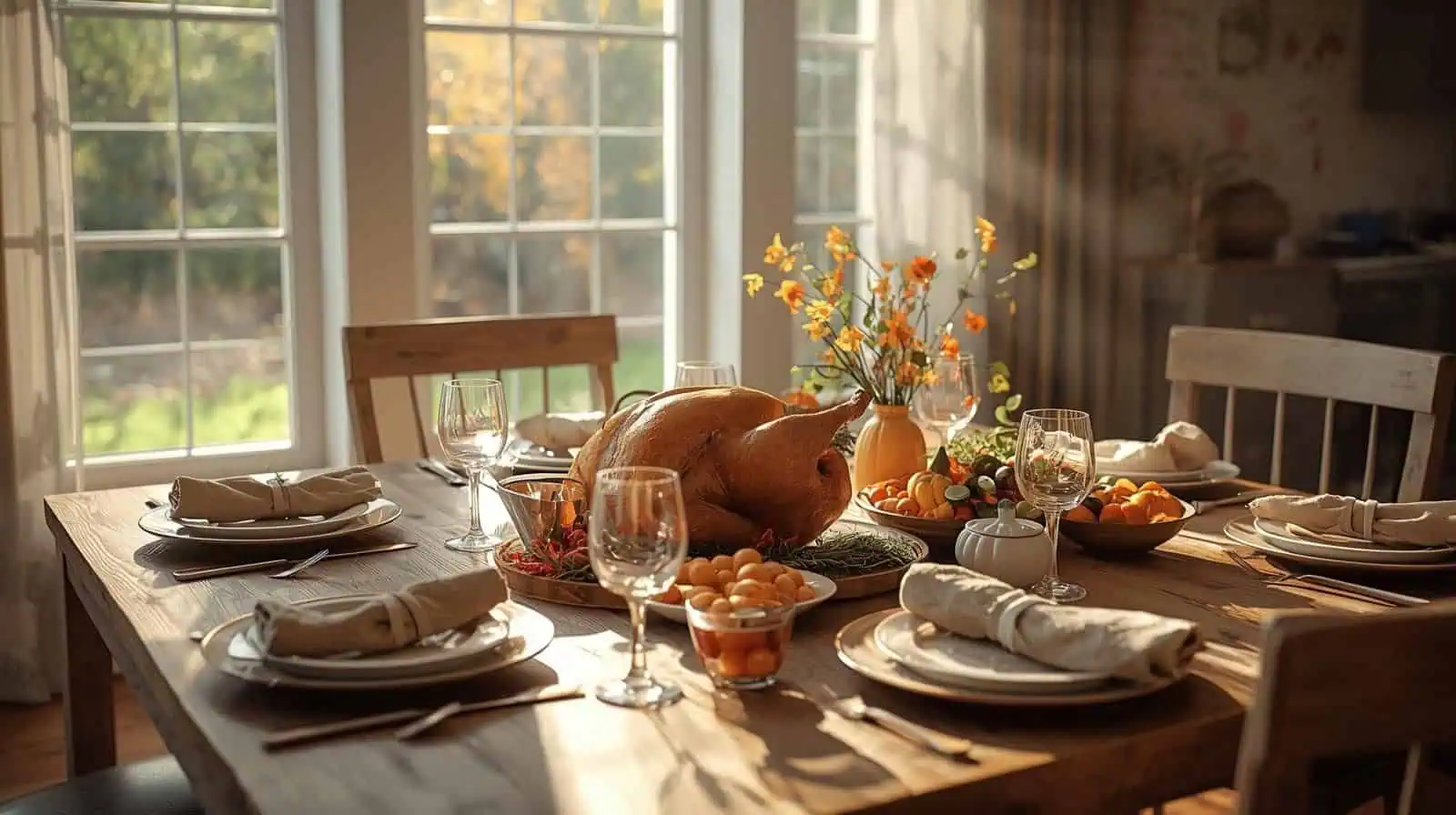Cozy, bright Thanksgiving dining room with a golden turkey and autumn-themed table setting.